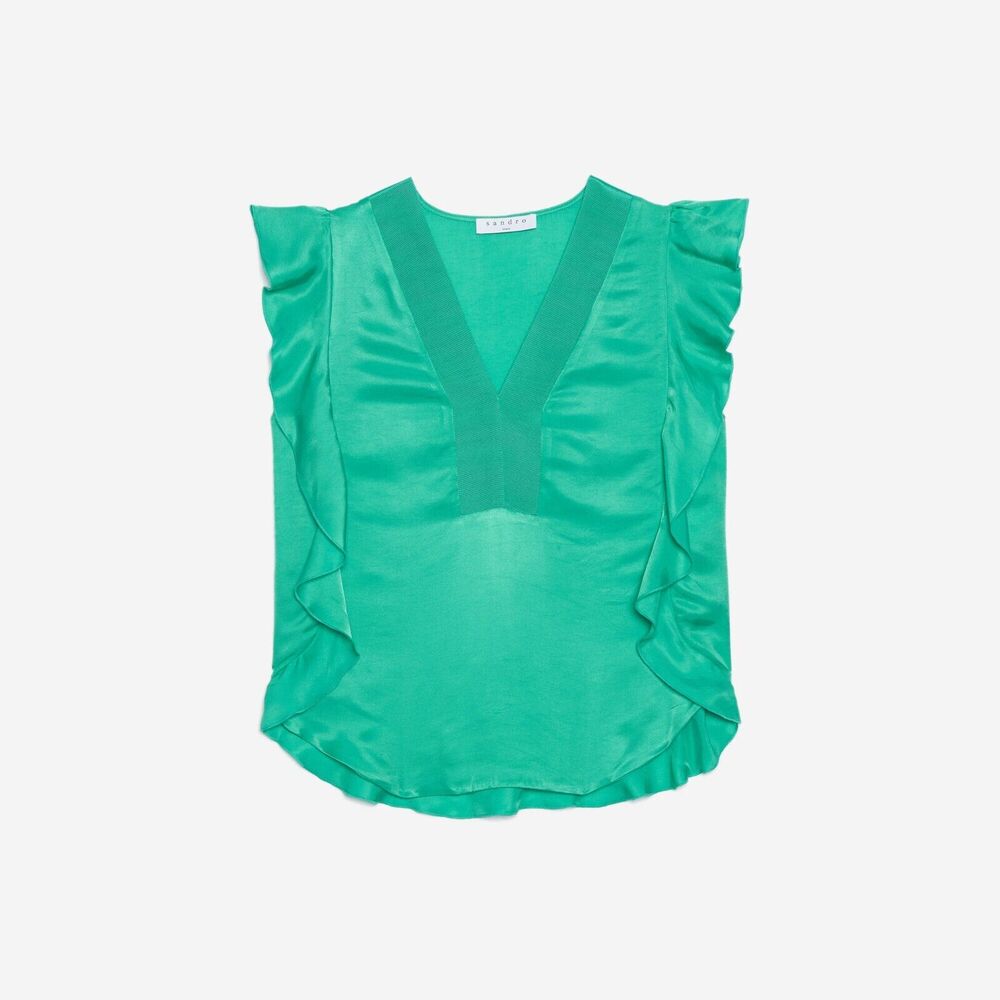 Sandro Venice Ruffled Top Blouse Green Sleeveless V neck 1 XS